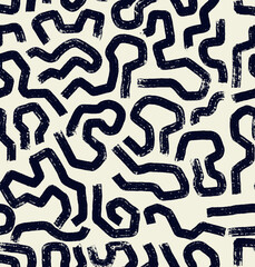 Seamless abstract pattern. Geometric vector black pattern. Grunge straight brush stroke,abstract element, circles, zigzag lines. Hand drawn vector ink illustration in 80-90s style. Old texture.