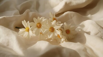 Obraz premium A cluster of white daisies with yellow centers resting on a soft, cream-colored fabric.