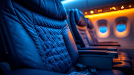Airplane Seats Illuminated Blue Night Flight Interior