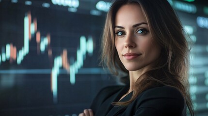 Fototapeta premium Portrait of a beautiful businesswoman in the office at night on abstract background with forex chart.