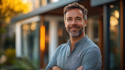 Confident man standing proudly in front of modern home enjoying new homeowner experience moving in