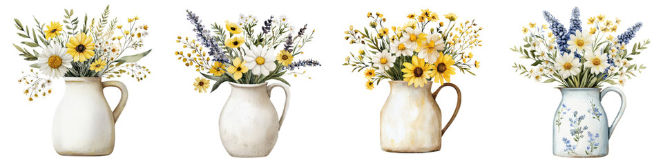 Assorted Floral Bouquets in Ceramic Vases Against White Background