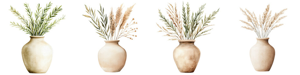 Rustic Ceramic Vases with Assorted Dried Floral Arrangements in Natural Home Decor Setting