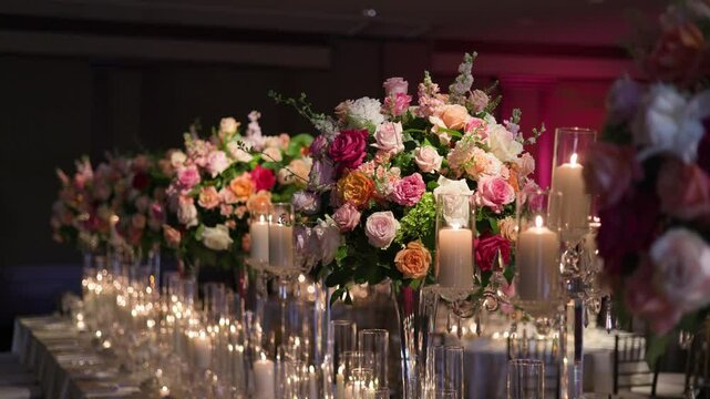 A beautifully decorated table featuring an array of colorful flowers in tall vases and lit candles in glass holders. Perfect for weddings, banquets, and formal events.