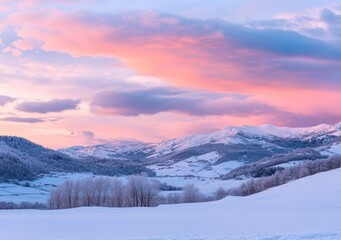 Beautiful snow-capped mountain landscape with a dramatic sky and colorful clouds, a winter sunset with beautiful, vibrant clouds in the background, snowy mountains with a beautiful, colorful cloudy