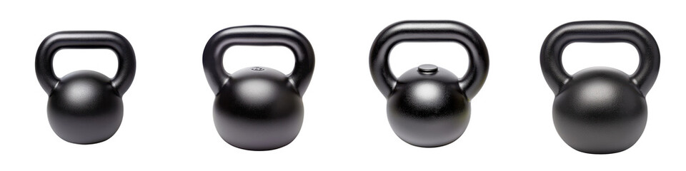 Collection of black kettlebells of varying sizes arranged on a white background representing strength training and fitness equipment for intense workouts and bodybuilding exercises