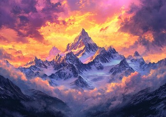 Obraz premium Beautiful snow-capped mountain landscape with a dramatic sky and colorful clouds, a winter sunset with beautiful, vibrant clouds in the background, snowy mountains with a beautiful, colorful cloudy