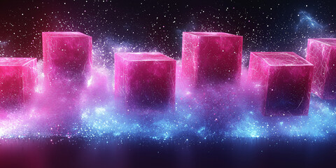 Pink glowing cubes surrounded by a mystical, colorful mist and sparkling stars in a cosmic setting.