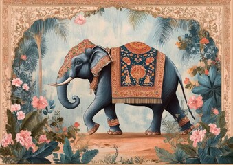 Elephant in Traditional Indian Textiles Against Pastel Floral Background Mughal Miniature Art Invitation