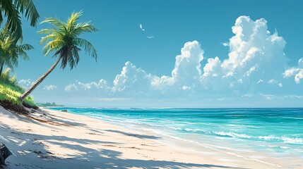 Fototapeta premium A calm beach with turquoise waters and palm trees swaying in the wind