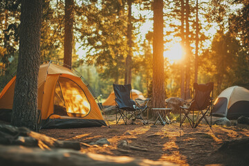 Camping outdoors with lots of sunlight with one tent Two outdoor camping chairs BBQ rack..