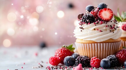 Delightful Berry Cupcake with Creamy Frosting, Sprinkles, and Fresh Fruit.