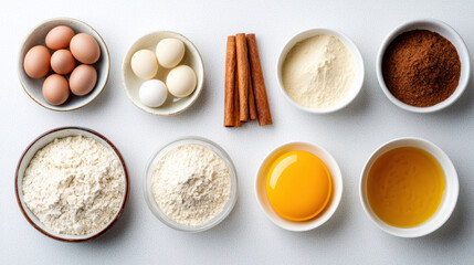 Baking ingredients arranged neatly, including eggs, flour, and spices, create perfect setup for delicious recipes. vibrant colors and textures inspire creativity in kitchen