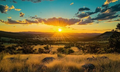 Serene sunset over a lush landscape with vibrant colors and clouds.