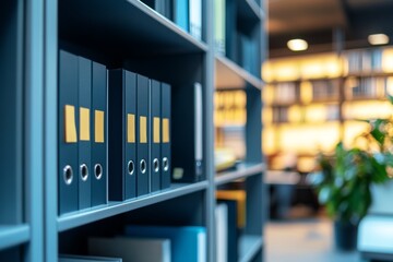 Fototapeta premium Contemporary office interior featuring organized shelves and files in a professional workspace scene