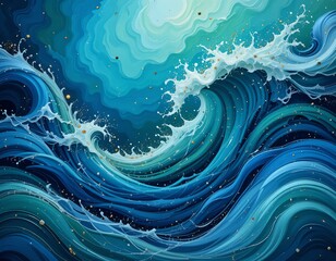 Obraz premium Abstract waves in blue and green flow, depicting the ocean of thoughts. Small gold dots float like sparks of inspiration, while white spirals reflect the ever-moving flow of ideas.