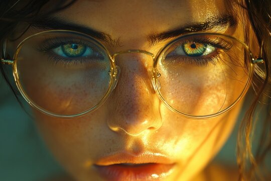 Close-up of focused woman wearing glasses intently staring at computer screen late at night in dark office environment