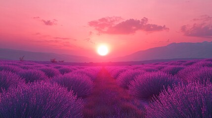 Obraz premium A peaceful lavender field stretching to the horizon under a pink sky