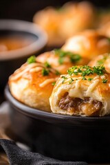 Savory Puff Pastry Bites Filled with Juicy Meat and Cheese Topped with Fresh Greens and Melted Cheese, Perfect for Appetizers or Snacks