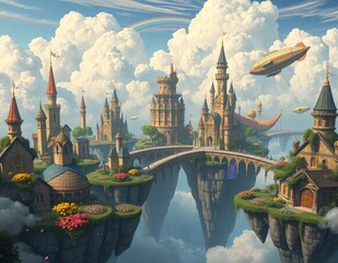 A floating city built on a large cloud, with rainbow bridges connecting the buildings. The architecture is unique, with towers reaching into the sky and gardens filled with shining flowers.