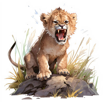 recommend clip art: Illustration of an angry lion cub on savannah, lion cub image isolated on a white background, lion cub design art, lion cub clip art image, lion cub Illustration, lion cub cartoon image