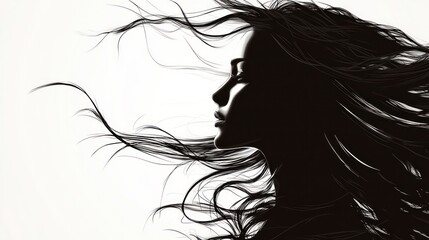 Fototapeta premium Silhouette of a woman with long, flowing hair in the wind.