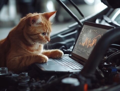 Curious Ginger Cat Explores Open Car Engine, Typing on Laptop Displaying Charts and Graphs