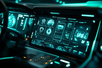 Futuristic autonomous car dashboard with hud, holograms, and advanced infotainment system