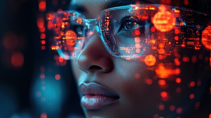 Woman wearing futuristic glasses with digital overlay.