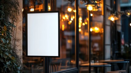 Poster promotion design mockup. Vertical empty white blank paper advertising banner frame template mock up displayed on the front of cafe bar restaurant or coffee shop window glass