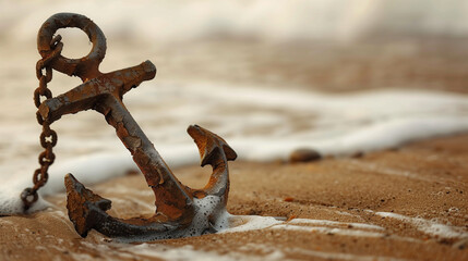 Rusted Anchor on Sandy Beach: Symbol of Neglect and Wear, Shallow Waves in the Distance