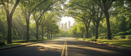 Sunlit road through trees leading to city skyline.