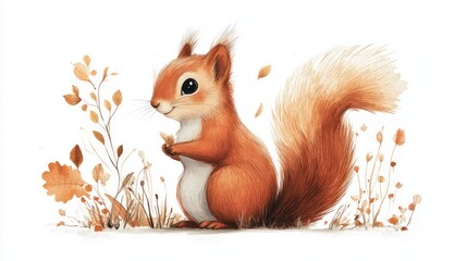 Adorable red squirrel amidst autumn foliage.