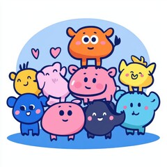 Obraz premium Playful Group of Cute Cartoon Animals with Colorful Characters and Joyful Expressions in a Happy Posed Arrangement on a Soft Blue Background