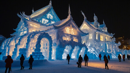 Sapporo Snow Festival, A Majestic Winter Scene of Intricate Ice Sculptures and Architectural Marvels, Blending Art and Cold Weather Splendor