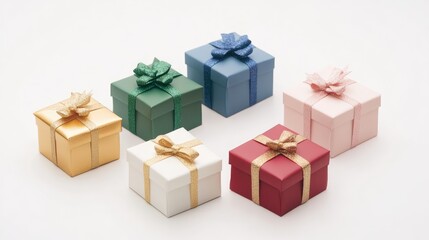 Obraz premium Set of golden, green, white, pink, red, blue gift boxes for christmas isolated on white background