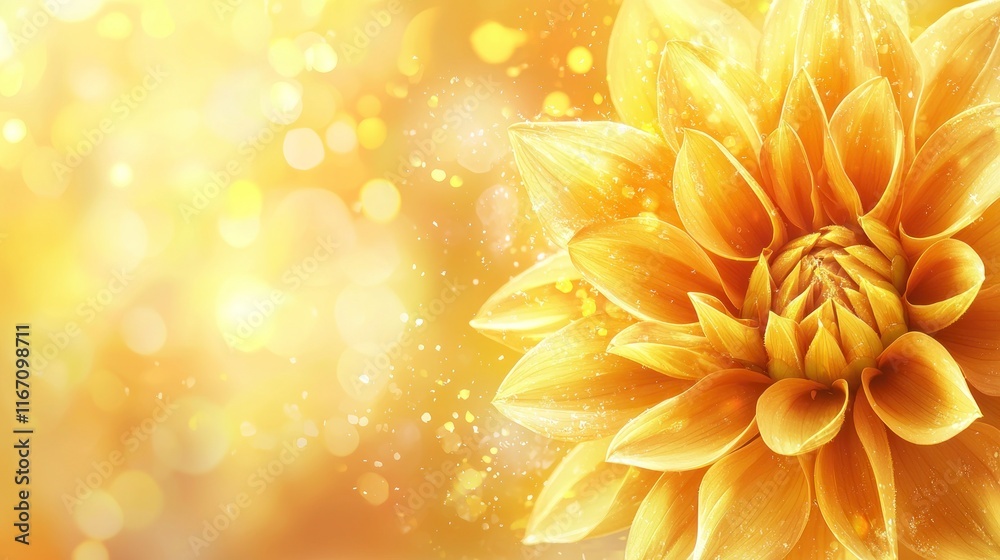 Canvas Prints Close-up of a radiant golden dahlia flower with bokeh background, showcasing delicate petals and water droplets.