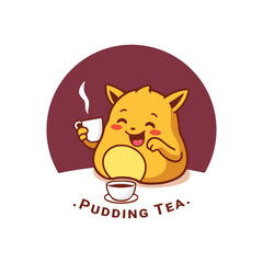 Cute Pudding Character Enjoying a Cup of Tea Cartoon Style Logo Design