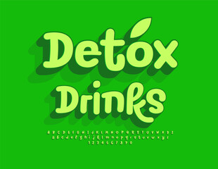 Vector healthy template Detox Drink with decorative Leaf. Green artistic Font. Unique 3D Alphabet Letters and Numbers set