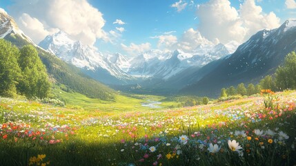 A serene alpine meadow with blooming wildflowers © Omizzoda