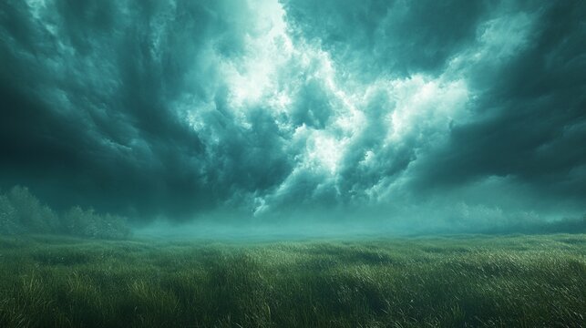 A dramatic thunderstorm rolling over a grassy plain