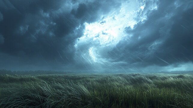 A dramatic thunderstorm rolling over a grassy plain