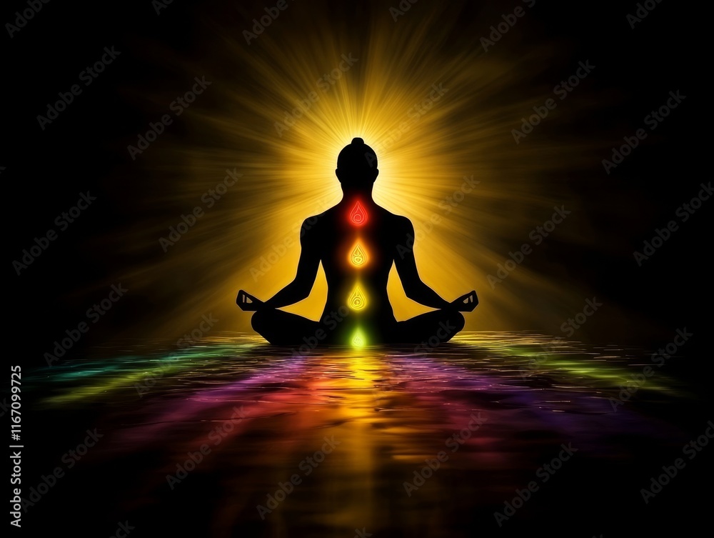 Wall mural illustration of a meditating human with light rays and chakra activation in a spiritual context