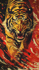 Fierce Tiger in Fiery Abstract Art Illustration