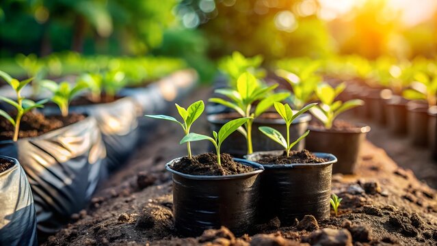 Young green seedlings growing in black pots under warm sunlight on a farm. Concept of agriculture, gardening, sustainability, and eco-friendly practices.