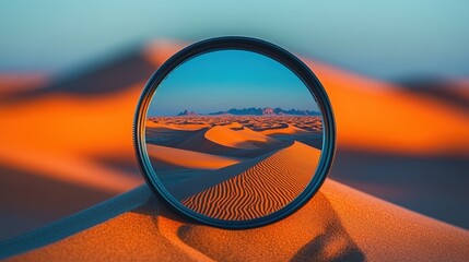 Endless dunes reflected within a circular frame under a vibrant sunset glow in a vast desert landscape