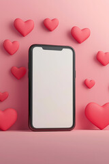 Mobile phone mockup with hearts and pastel pink background. Valentine's day banner with a smartphone with blank screen template