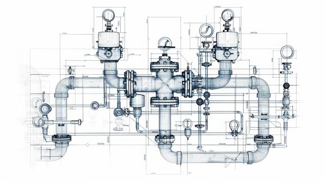 Architectural blueprint of industrial pipe and valve systems for gas and oil pump safety structures