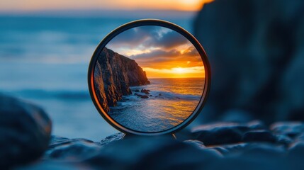 Capturing a stunning sunset through a unique lens overlooking the coastal cliffs and waves