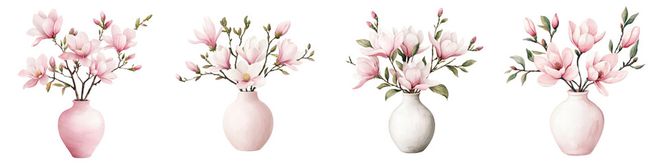 Obraz premium Elegant Floral Arrangements of Delicate Blooming Flowers in Pastel Color Vases on White Background